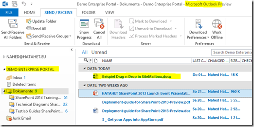 11 SharePoint 2013 App Websitepostfach, Dokumentenbibliothek von SharePoint in Outlook mit Drag n Drop File synchronisiert, Office 365, SharePoint Online (HATAHET)