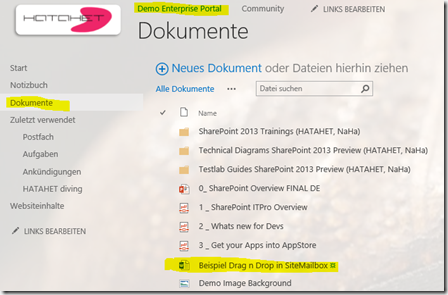 12 SharePoint 2013 App Websitepostfach, Dokumentenbibliothek auf SharePoint mit Drag n Drop File aus Outlook, Office 365, SharePoint Online (HATAHET)
