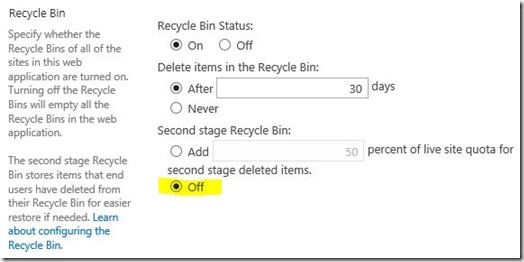 SharePoint 2013 deaktivieren 2nd Stage Recycle Bin 002 (HATAHET)